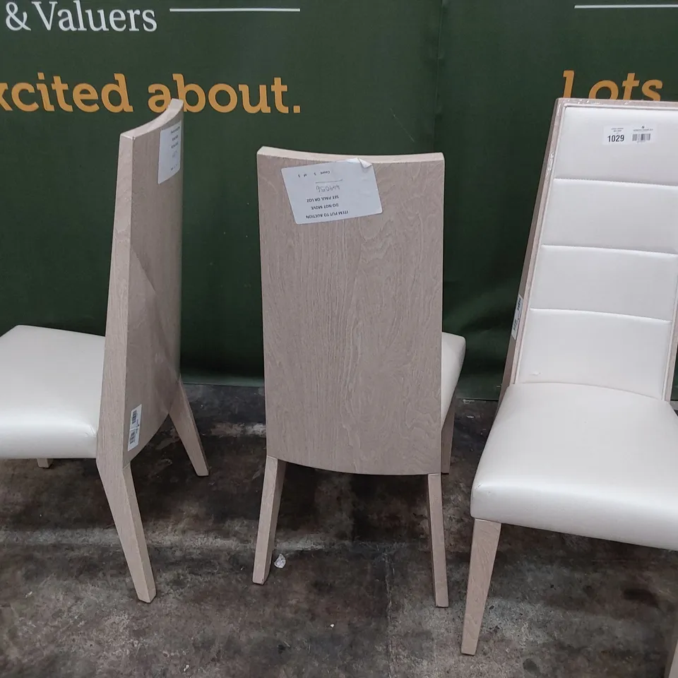SET OF THREE HIGH BACKED UPHOLSTERED DINING CHAIRS HIGH GLOSS WOOD FRAMES SILVER SKIN EFFECT FABRIC