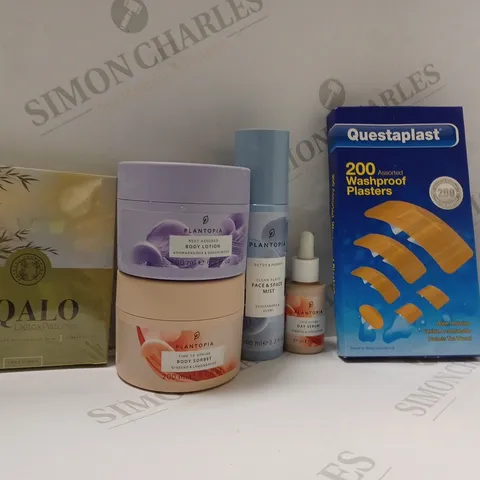 BOX OF APPROX 20 ASSORTED HEALTH AND BEAUTY ITEMS TO INCLUDE - QUESTAPLAST 200 WASHPROOF PLATERS - PLANTOPIA BODY LOTION - PLANTOPIA DAY SERUM ECT