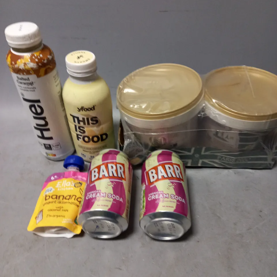 APPROXIMATELY 10 ASSORTED FOOD/DRINK PRODUCTS TO INCLUDE WHOLE EARTH CRUNCHY PEANUT BUTTER, HUEL DRINKS, CREAM SODA DRINKS ETC - COLLECTION ONLY 