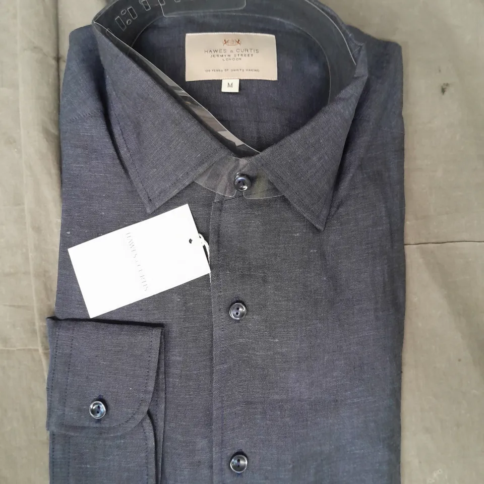 HAWES & CURTIS LONG SLEEVE LINEN CUTAWAY SHIRT IN NAVY SIZE MEDIUM
