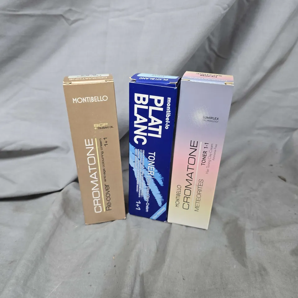 APPROXIMATELY 20 ASSORTED MONTIBELLO PRODUCTS TO INCLUDE CROMATONE RE.COVER COLOURING CREAM COCOA BRUNETTE, PLATI BLANC TONER GOLD TONER, CROMATONE METEORTES TONER DENIM SAPPHIRE, ETC - COLLECTION ONL