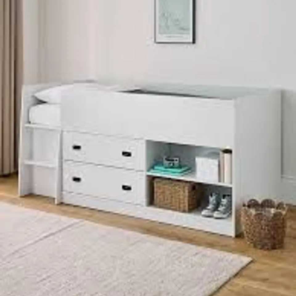 BOXED JACKSON MID SLEEPER BED WITH DRAWER AND SHELVING - WHITE (2 BOXES)
