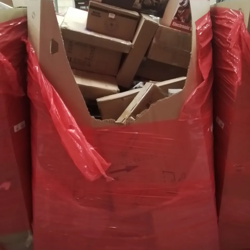PALLET CONTAINING VARIOUS ASSORTED BOXED HOUSEHOLD ITEMS TO INCLUDE: KITCHEN STORAGE UNIT, CEILING LIGHT, GARDEN KNEELER SEAT, ELECTRONIC VIOLIN, ROLLER BIND AND LOTS MORE UNMARKED BOXED ITEMS 