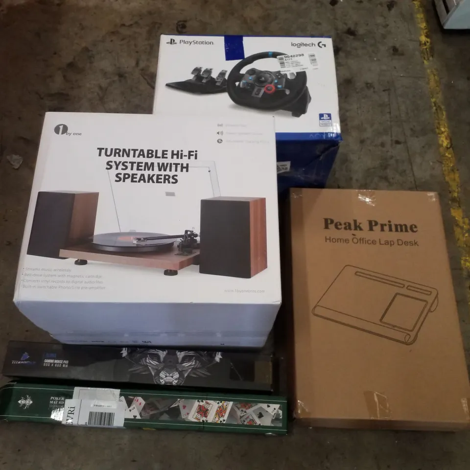 PALLET CONTAINING ASSORTED PRODUCTS INCLUDING LAP DESK, POKER MAT, GAMING MOUSE PAD, TURNTABLE HI-FI SYSTEM WITH SPEAKERS & LOGITECH G29 DRIVING FORCE RACING WHEEL