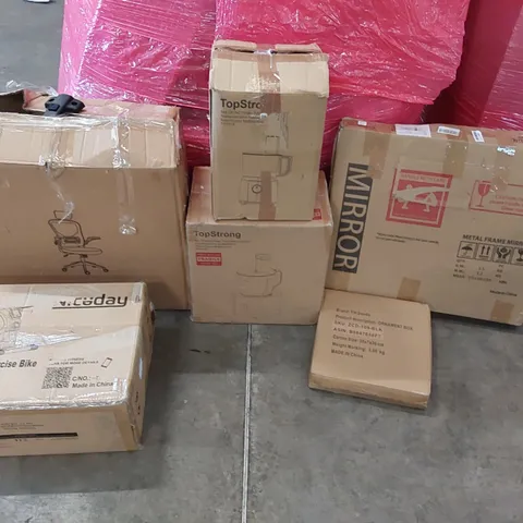 PALLET OF ASSORTED CONSUMER GOODS AND FURNITURE PRODUCTS TO INCLUDE; OFFICE CHAIRS, MULTIFUNCTIONAL FOOD PROCESSORS, MAGNETIC MINI EXERCISE BIKE, METAL FRAME MIRROR ECT.