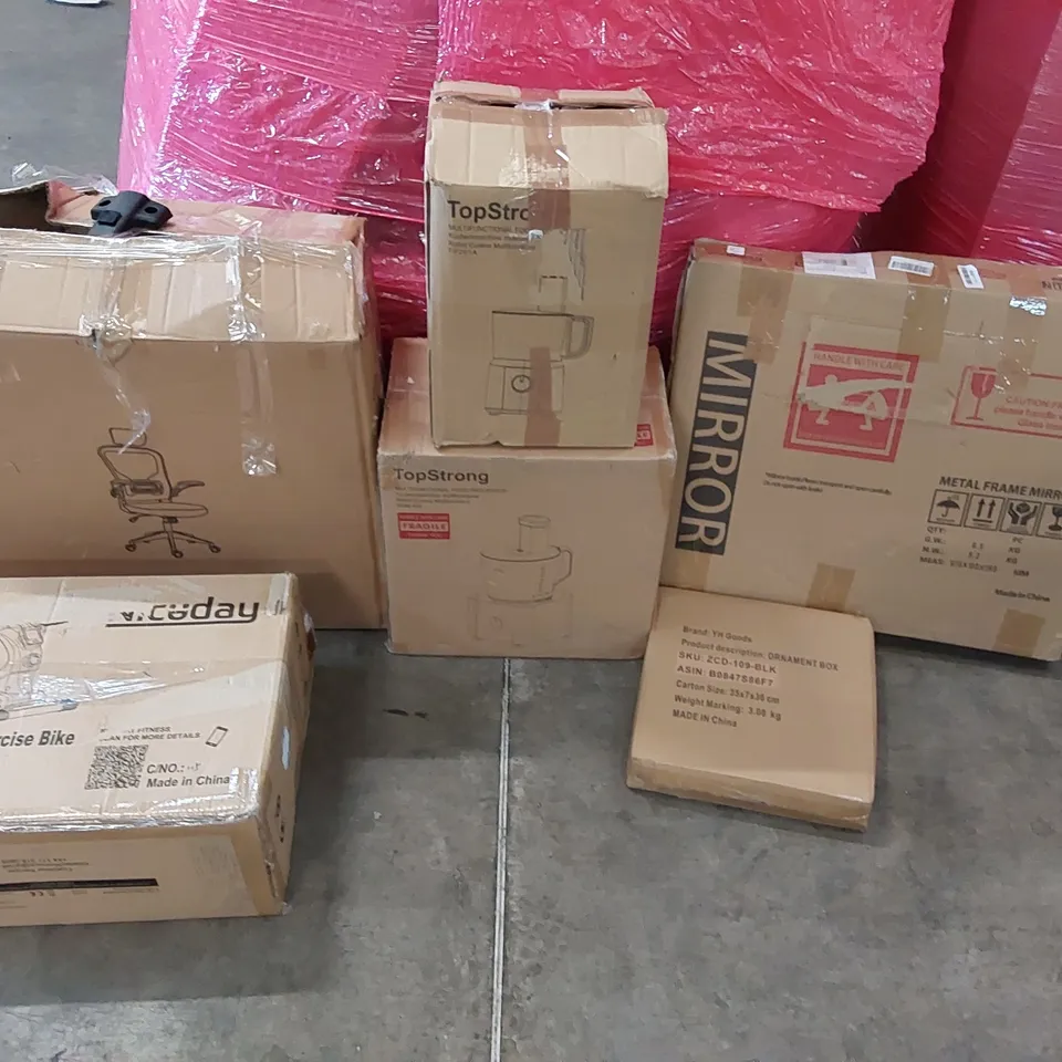 PALLET OF ASSORTED CONSUMER GOODS AND FURNITURE PRODUCTS TO INCLUDE; OFFICE CHAIRS, MULTIFUNCTIONAL FOOD PROCESSORS, MAGNETIC MINI EXERCISE BIKE, METAL FRAME MIRROR ECT. 
