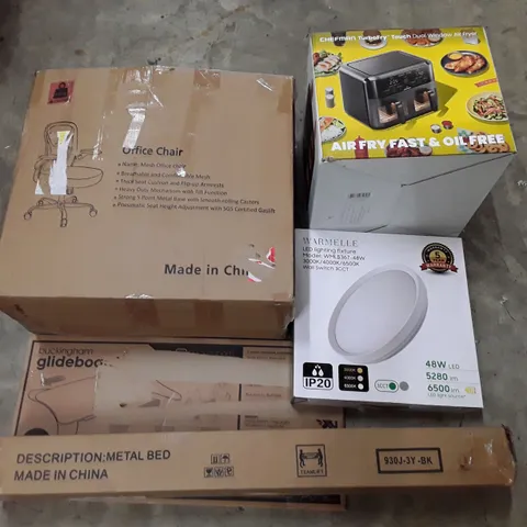PALLET CONTAINING ASSORTED HOUSEHOLD PRODUCTS INCLUDING DUAL AIR FRYER, LED LIGHTING FIXTURE, METAL BED, BUCKINGHAM GLIDEBOARD & OFFICE CHAIR