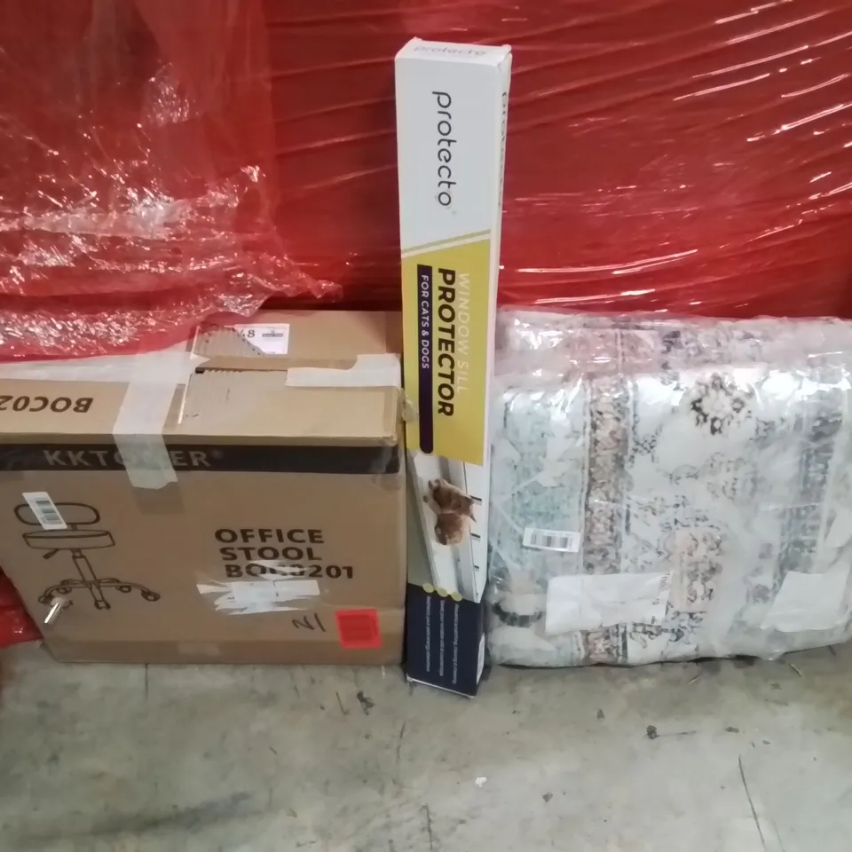 PALLET OF ASSORTED HOUSEHOLD GOODS AND PRODUCTS TO INCLUDE;OFFICE STOOL,WINDOW SILL PROTECTOR,LARGE AREA RUG