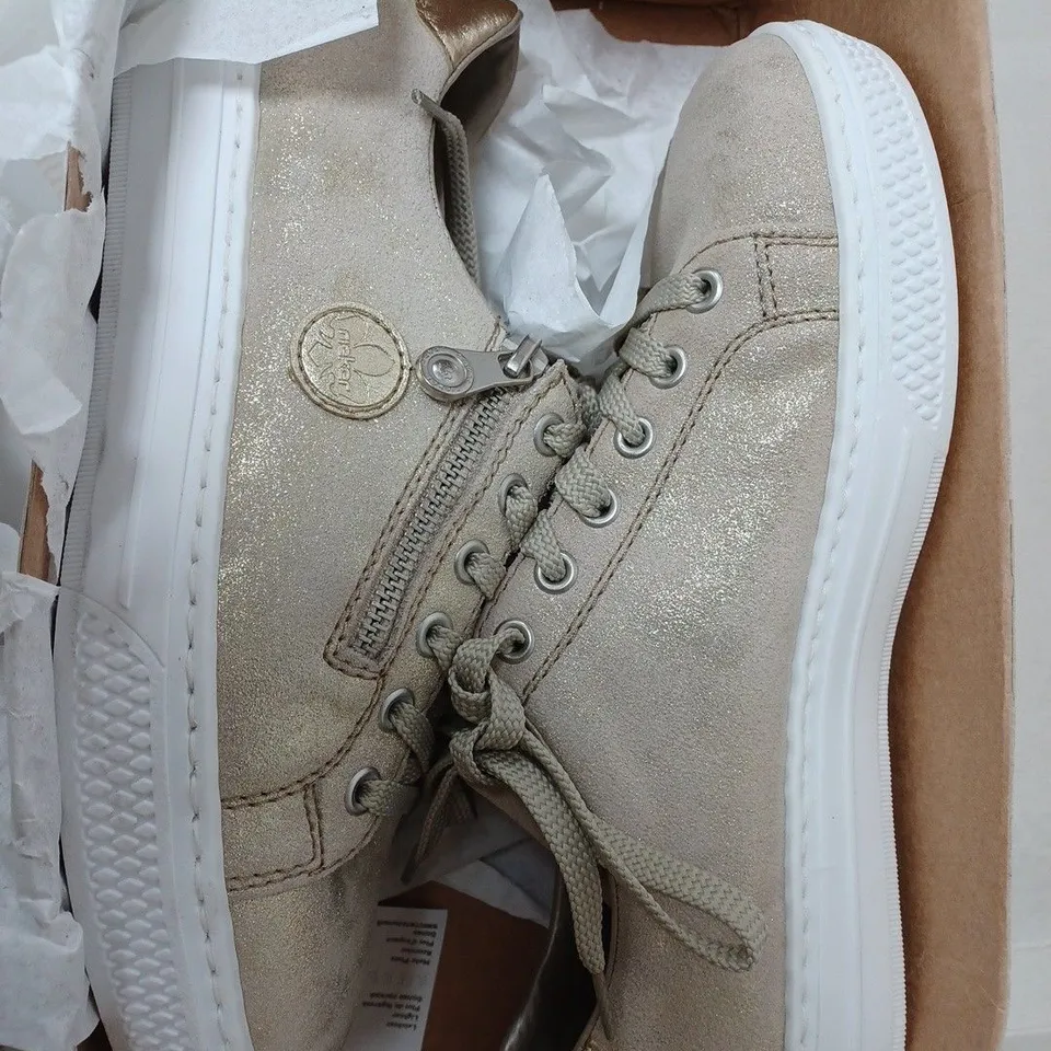 BOXED RIEKER METALLIC TRAINERS, GOLD - SIZE 6