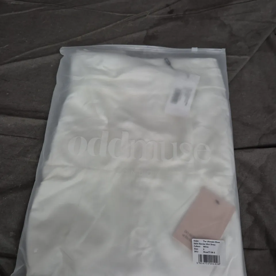 THE ULTIMATE MUSE SATIN BARDOT MINI DRESS – WHITE – SIZE S