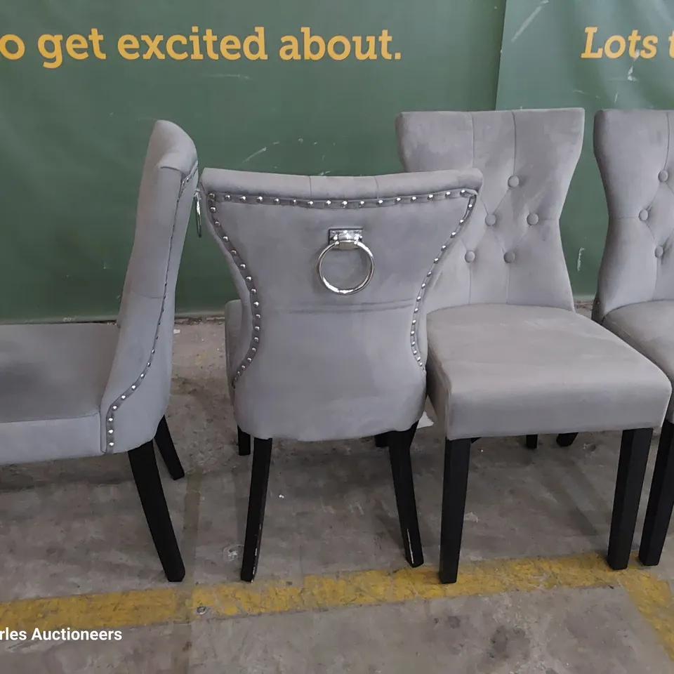 SET OF FOUR UPHOLSTERED BUTTONED RING BACK DINING CHAIRS GREY PLUSH FABRIC ON BLACK PAINTED LEGS 