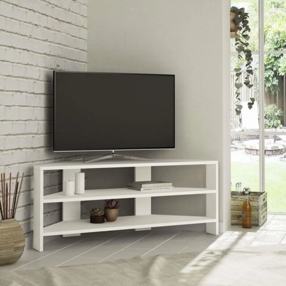 BOXED THALES CORNER MODERN TV STAND MULTIMEDIA CENTRE CORNER 110CM -WHITE-