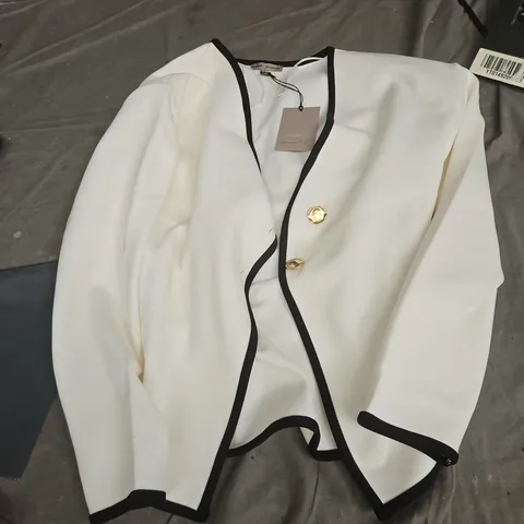WOMEN'S WHITE BLAZER WITH BLACK RIVER ISLAND PIPING & GOLD BUTTONS