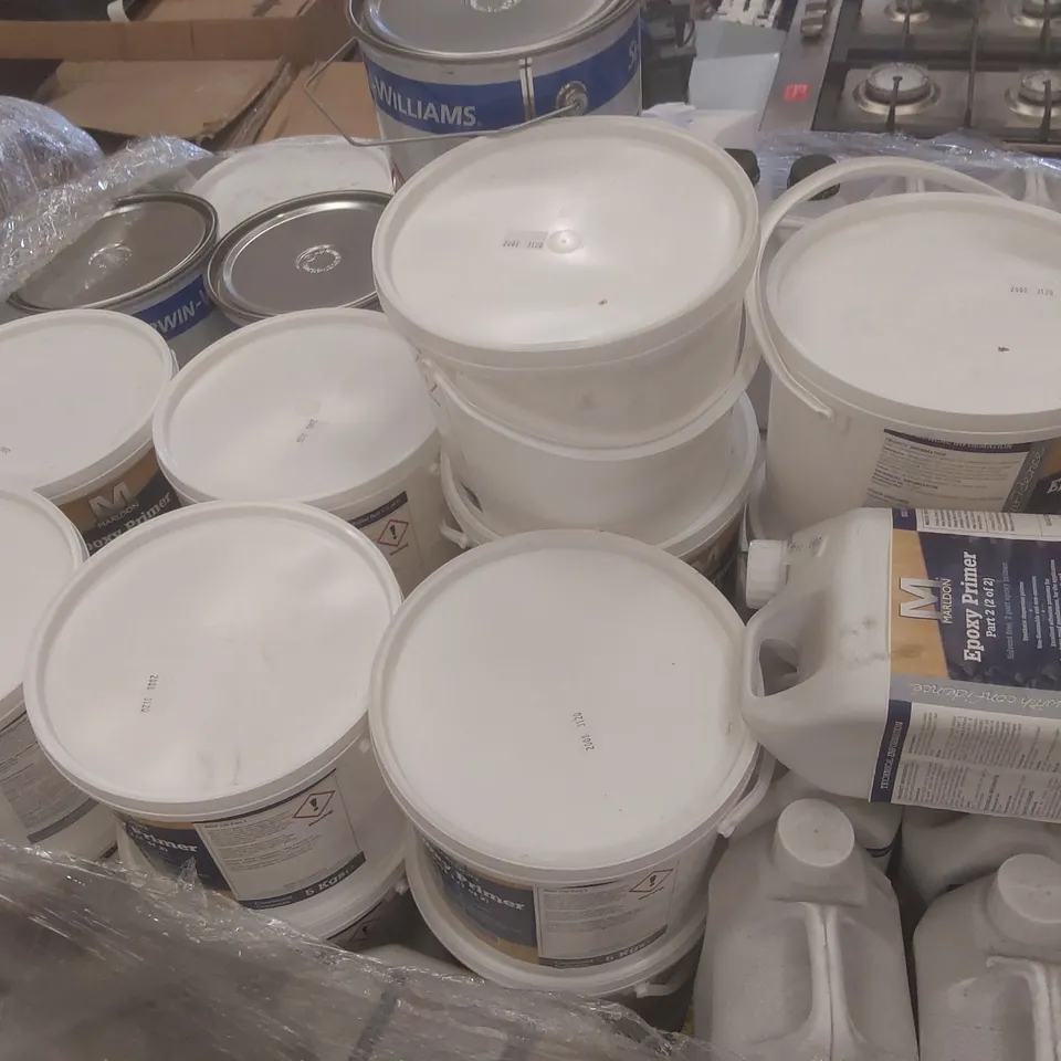 PALLET CONTAINING A VERY LARGE QUANTITY OF ASSORTED BUILDING SUPPLIES INCLUDING: BALL STOP GAP LIQUID, MARLDON EPOXY PRIMER, SATIN LACQUER FOR FLOORING ECT