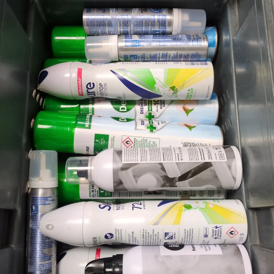 APPROXIMATELY 15 ASSORTED AEROSOLS TO INCLUDE DETTOL DISINFECTANT SPRAY, SURE DEODORANT AND ASAD AIR FRESHENER