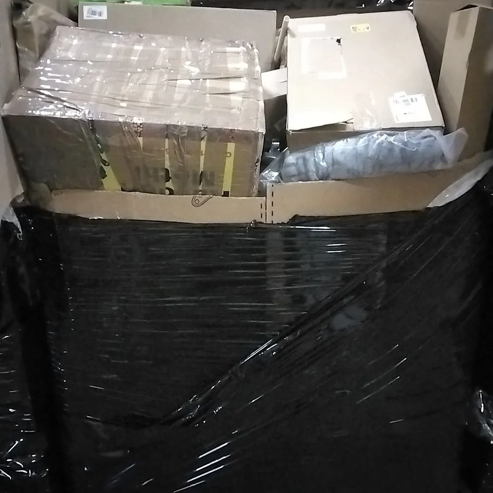 PALLET OF HOUSEHOLD ITEMS TO INCLUDE LIGHT FIXTURE, WINDOW FILM, BIKE CARRIER RACK, RETRACTABLE SAFETY GATE AND OTHER ASSORTED ITEMS...