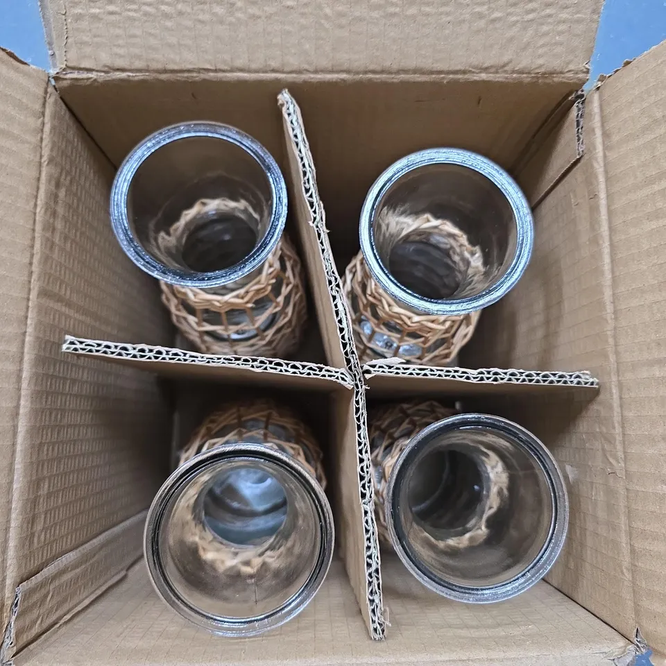 LOT OF 4 GISELA GRAHAM WINE CARAFES WITH RATTAN STYLE DECOR