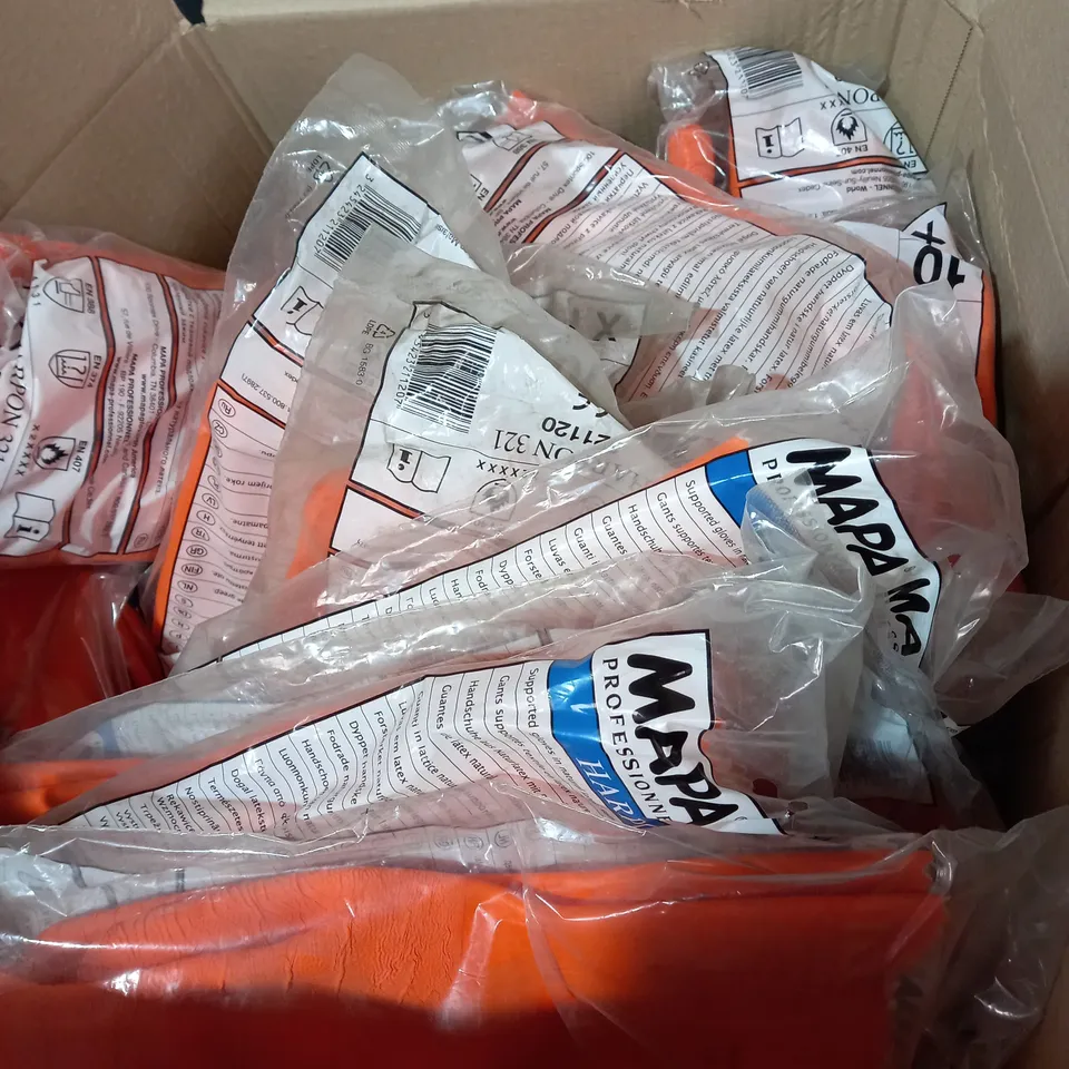 BOX OF APPROXIMATELY 30 ASSORTED BRAND NEW MAPA HARPON 321 ORANGE GLOVES