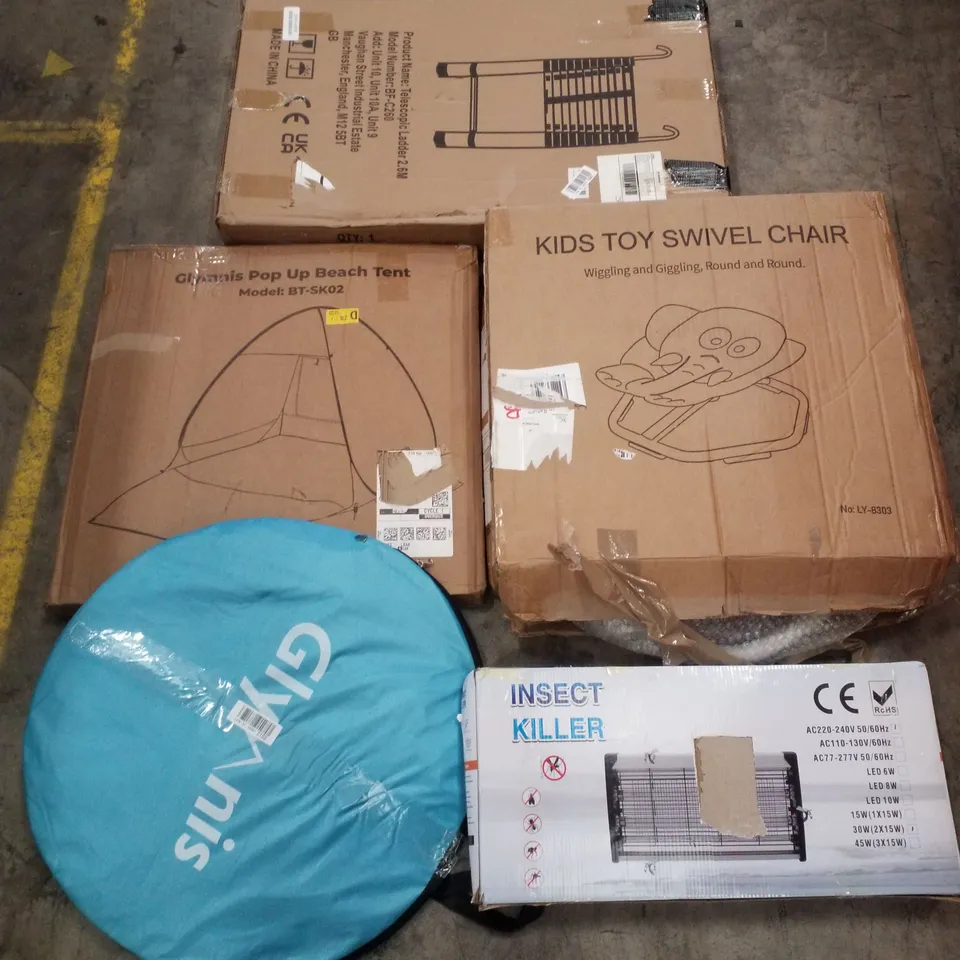 PALLET CONTAINING ASSORTED PRODUCTS INCLUDING TELESCOPIC LADDER 2.6M, POP UP BEACH TENTS, KIDS TOY SWIVEL CHAIR & INSECT KILLER