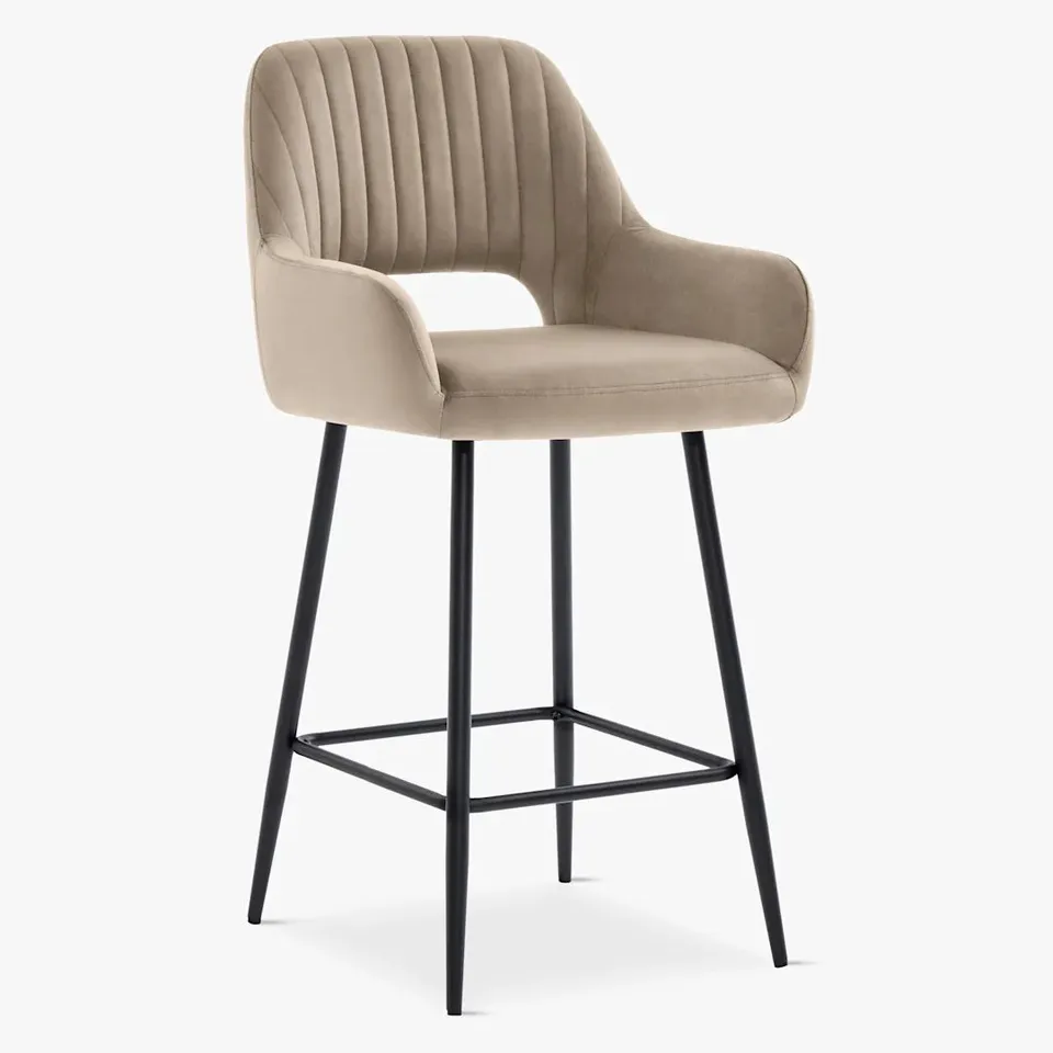 BOXED CLARA BAR STOOL, CHAMPAGNE CLASSIC VELVET & BLACK STEEL