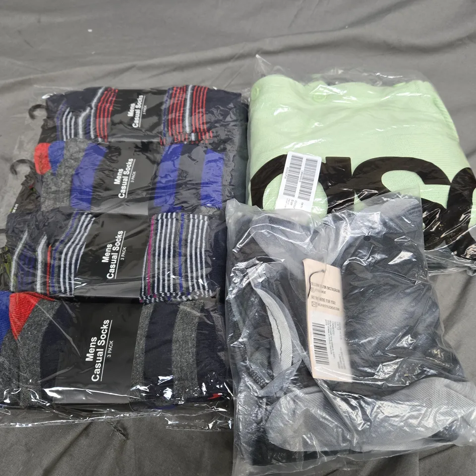 LARGE BOX OF ASSORTED CLOTHING ITEMS IN VARIOUS SIZES, STYLES AND COLOUR 