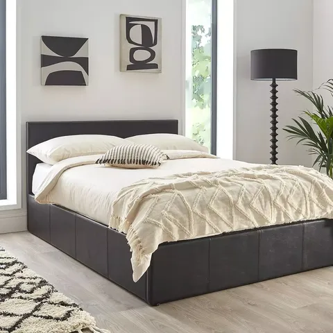 BOXED MARSTON KING SIZE FAUX LEATHER SIDE LIFT UP STORAGE OTTOMAN BED - BLACK (2 BOXES)