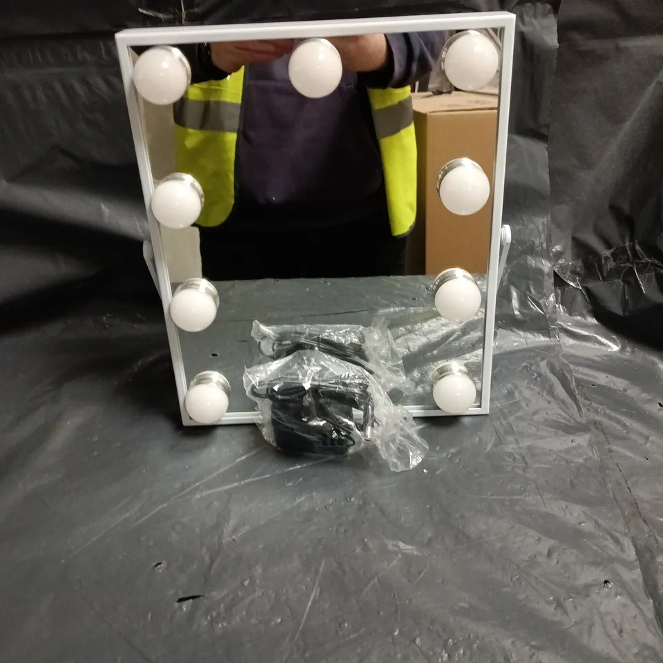 WHITE LIGHTED VANITY MAKEUP MIRROR WITH BULB SURROUND AND FOLD-OUT STAND WITH PLUG