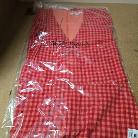 BAGGED GREAT PLAINS TUNIS CHECK V NECK DRESS IN CRIMSON/HOT CORAL SIZE 10