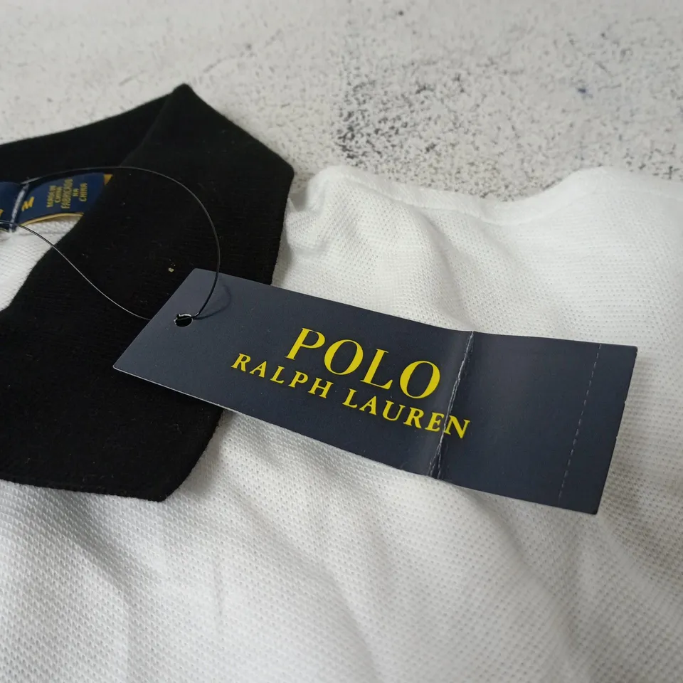 POLO RALPH LAUREN POLO SHIRT – WHITE WITH BLACK COLLAR, MEN'S, SIZE M