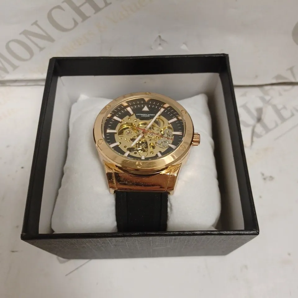 BOXED ANTHONY JAMES EXPEDITE WATCH - AUTOMATIC - RUBBER STRAP - SKELETON FACE - WATER RESISTANT 3 ATM.