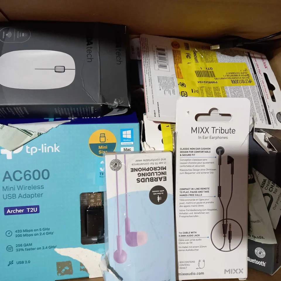 BOX OF APPROXIMATELY 20 ASSORTED ELECTRICAL ITEMS TO INCLUDE ASDA TECH EARBUDS WITH LIGHTNING CONNECTION, ASDA TECH SYNC AND CHARGE CABLE, JVC GUMY STEREO HEADPHONES