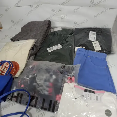 LARGE BOX OF ASSORTED CLOTHING ITEMS IN VARIOUS COLOURS AND SIZES INCLUDING TROUSERS , TOPS AND JUMPERS