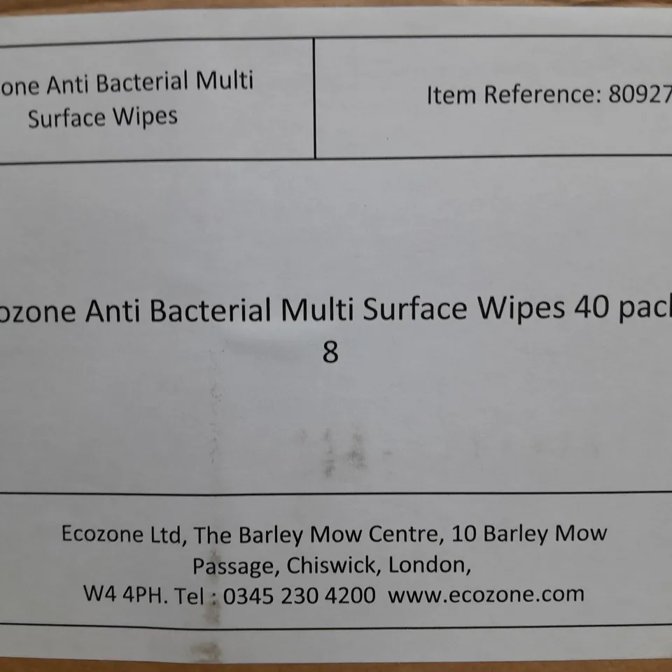 ECOZONE ANTI BACTERIAL MULTI SURFACE WIPES 40 PACK X 8