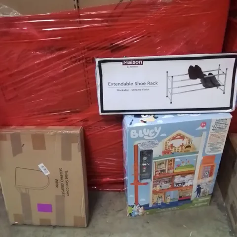 PALLET OF ASSORTED HOUSEHOLD GOODS AND PRODUCTS TO INCLUDE;KIDS PLAYHOUSE,SHOE RACK,TOILET SEAT COVER