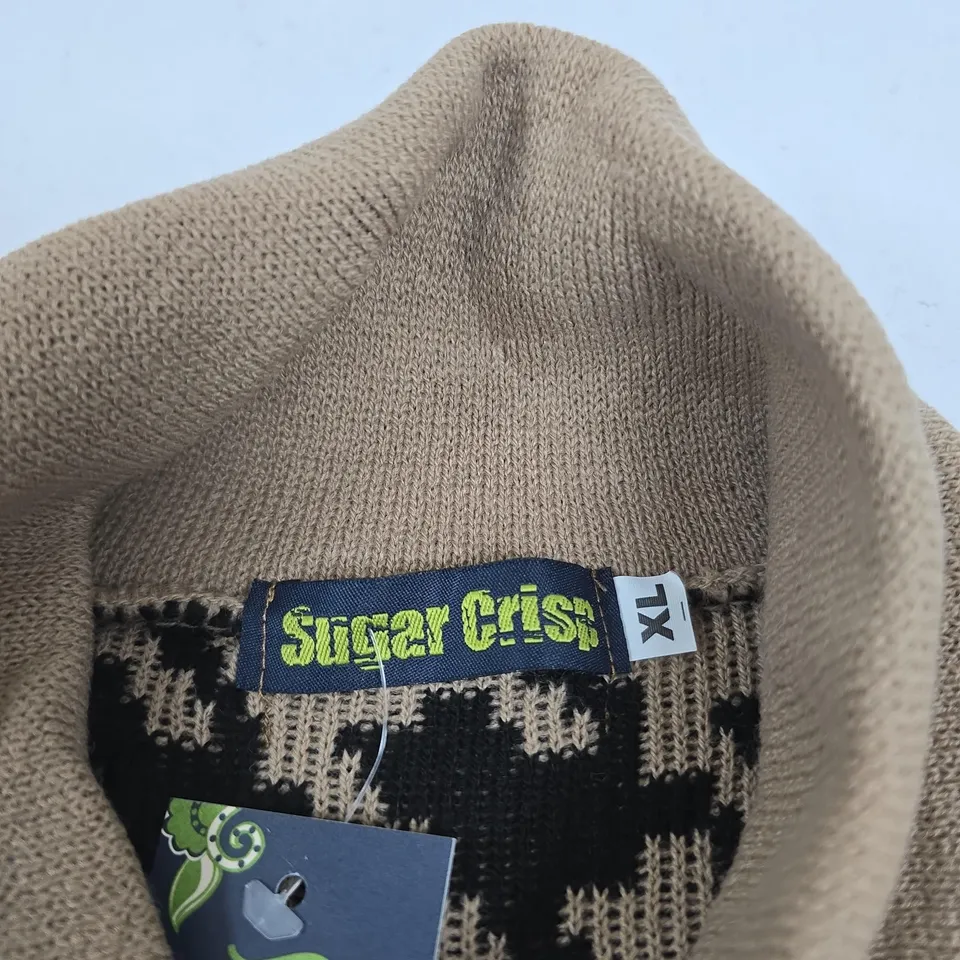 SUGAR CRISP KNIT SWEATER WITH HOUNDSTOOTH PATTERN AND NECK TIE – BEIGE / TAN