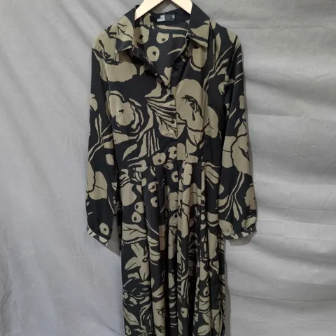 LOVE SUNSHINE WOMEN'S MAXI DRESS – BLACK & BEIGE FLORAL CAMOUFLAGE PRINT, COLLARED, WAIST BELT, UK SIZE 12