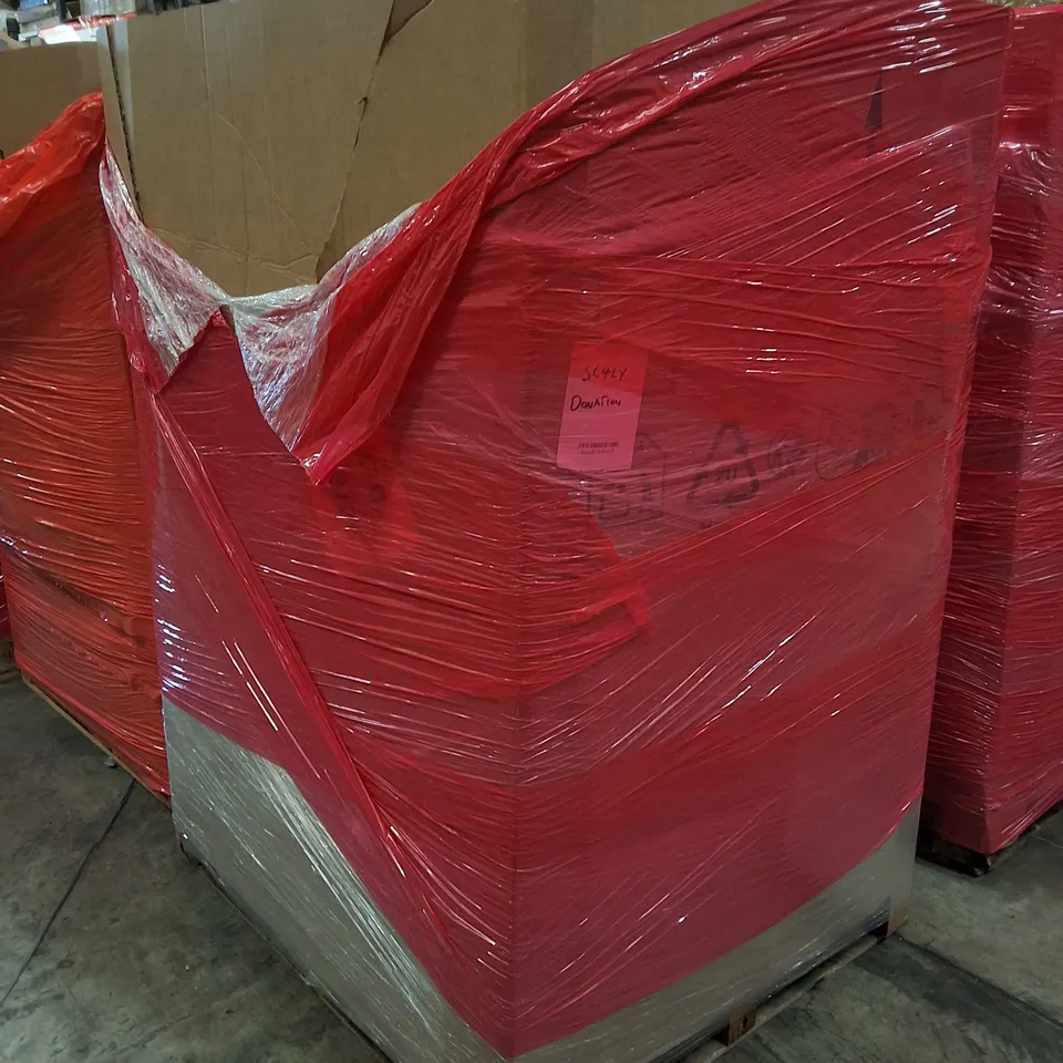 PALLET CONTAINING ASSORTED PRODUCTS INCLUDING STEAM CLEANER, 24" MONITOR, BABY PEN, CEILING LIGHT WITH FAN & 8 DRAW CHEST OF DRAWERS