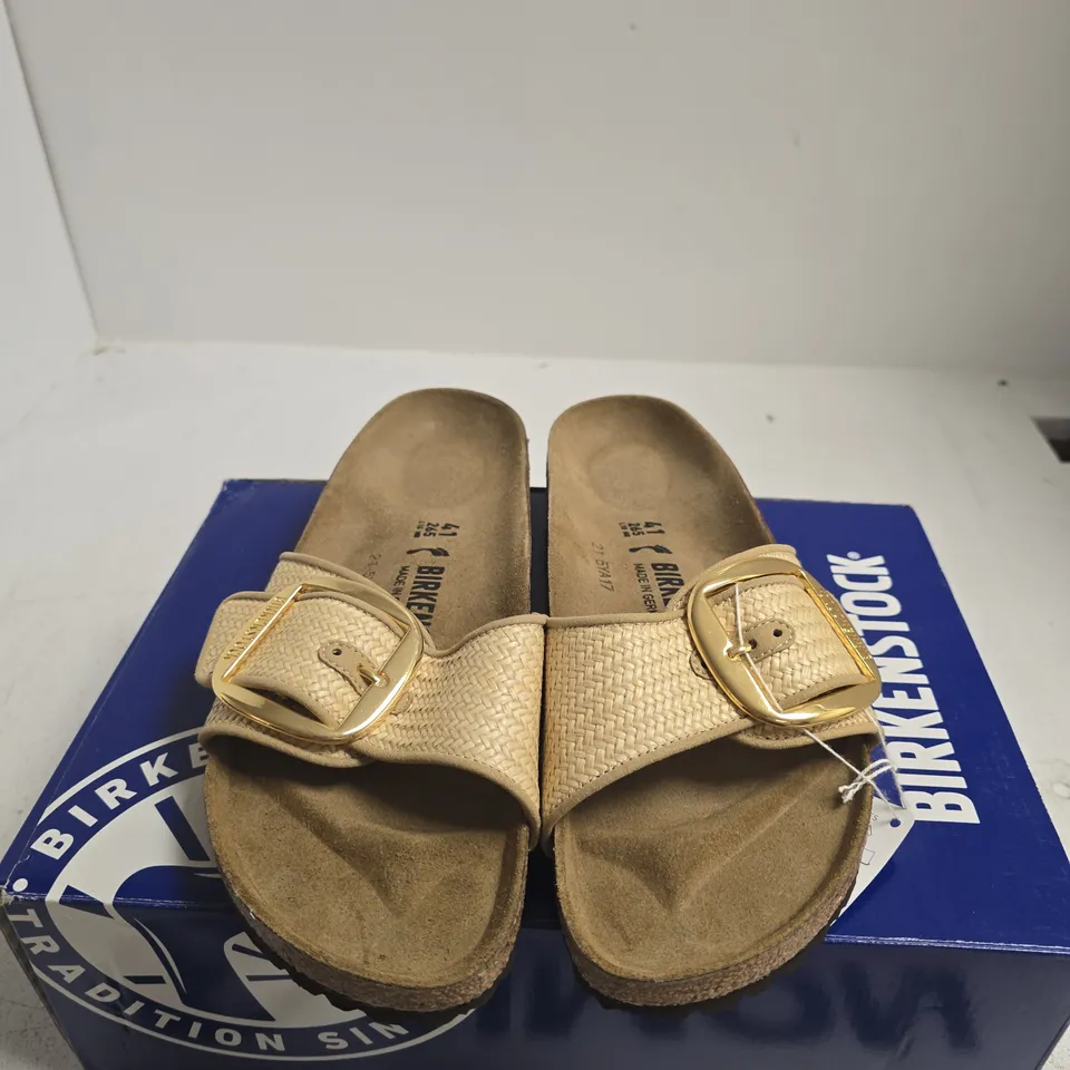 BOXED PAIR OF BIRKENSTOCK MADRID BIG BUCKLE SANDALS -RAFFIA NATURAL – WOMEN'S UK 7.5