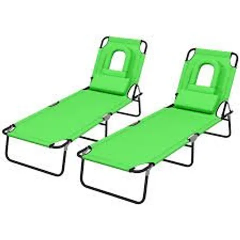 BOXED OUTSUNNY OUTDOOR FOLDABLE SUN LOUNGER SET OF 2, 4 LEVEL ADJUSTABLE BACKREST RECLINING SUN LOUNGER CHAIR WITH PILLOW AND READING HOLE, GREEN