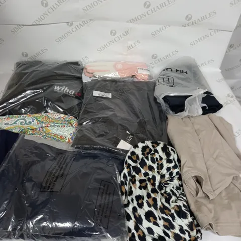 LARGE BOX OF ASSORTED CLOTHING ITEMS IN VARIOUS COLOURS AND SIZES INCLUDING TROUSERS , TOPS AND JUMPERS