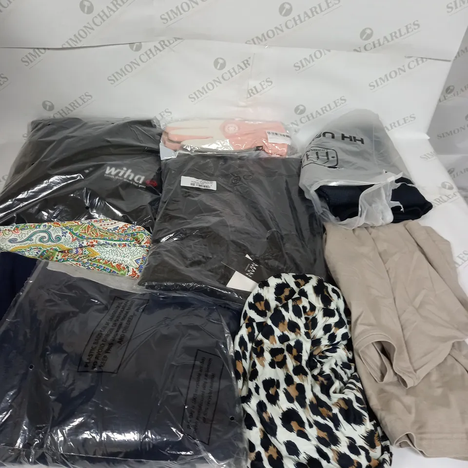 LARGE BOX OF ASSORTED CLOTHING ITEMS IN VARIOUS COLOURS AND SIZES INCLUDING TROUSERS , TOPS AND JUMPERS 
