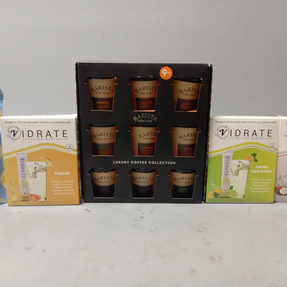 TOTE OF APPROX 9 ASSORTED FOOD ITEMS TO INCLUDE - VIDRATE LEMON LIME & MINT , CAFFE BENE ADE , BARISTA COFFEE HOUSE ETC