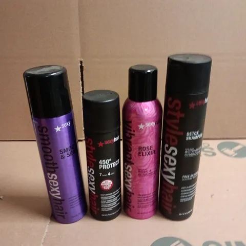 BOX OF APPROXIMATELY 12 SEXY HAIR HAIRCARE PRODUCTS TO INCLUDE DETOX SHAMPOO, HAIR AND BODY DRY OIL MIST AND HEAT DEFENSE SPRAY