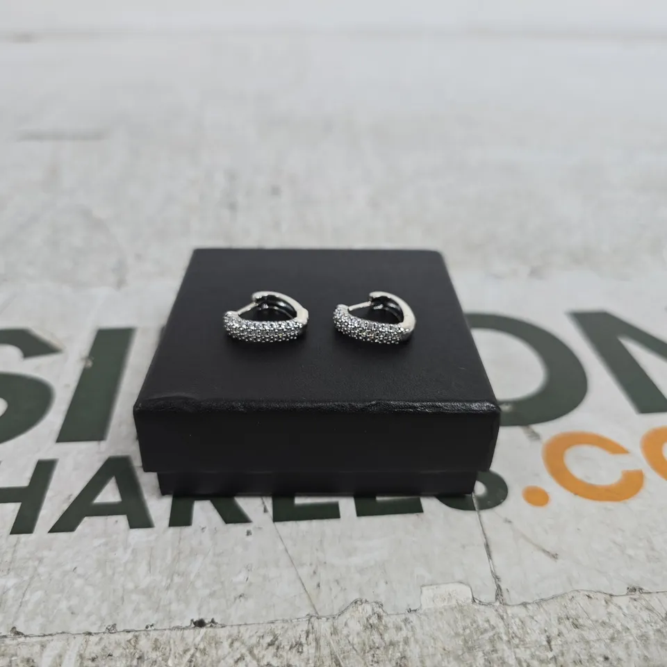 SILVER-TONE HOOP EARRINGS WITH PAVE CRYSTALS (PAIR) – ON PRESENTATION BOX