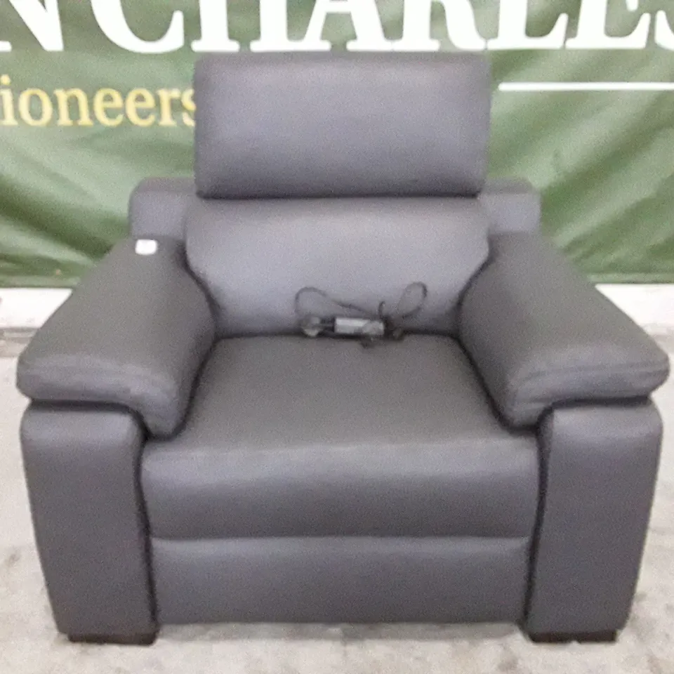 QUALITY ITALIAN LEATHER RICCARDO ELECTRIC RECLINER CHAIR WITH SMALL ARMS - DARK GREY LEATHER