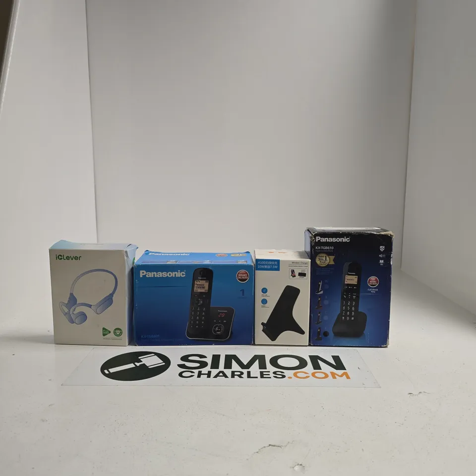 BOX OF APPROXIMATELY 10 ASSORTED ITEMS INCLUDING PANASONIC KX-TG681 DIGITAL CORDLESS ANSWERING SYSTEM, PANASONIC KX-TGB610 DIGITAL CORDLESS PHONE AND A WIRELESS CHARGER