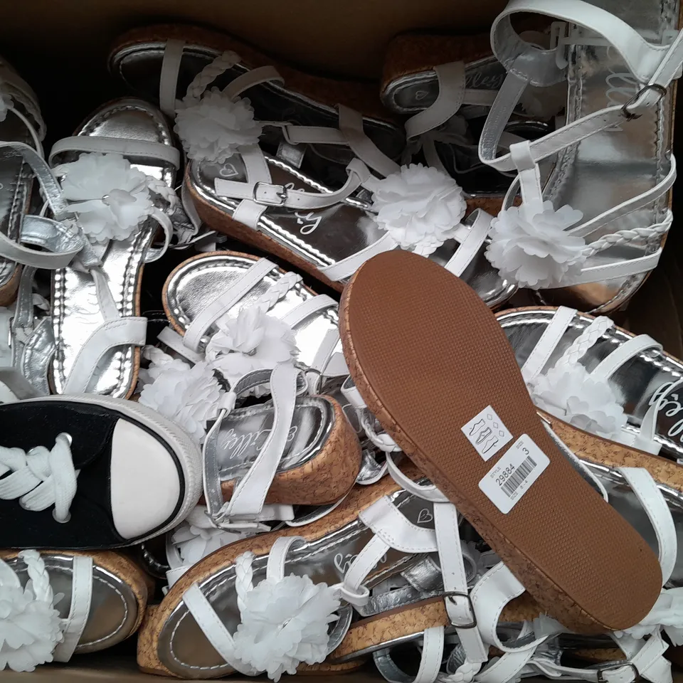 BOX OF APPROX 35 ASSORTED KIDS SHOES IN VARIOUS SIZES & COLOURS 