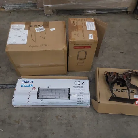 PALLET CONTAINING ASSORTED HOUSEHOLD PRODUCTS. INCLUDES SHOWER STOOL, INSECT KILLER, AIR PURIFIER AND HEATER FAN, DISPLAY PIECE ETC