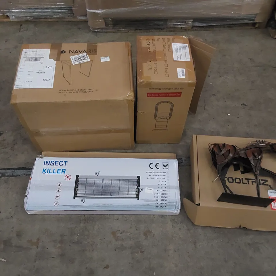 PALLET CONTAINING ASSORTED HOUSEHOLD PRODUCTS. INCLUDES SHOWER STOOL, INSECT KILLER, AIR PURIFIER AND HEATER FAN, DISPLAY PIECE ETC