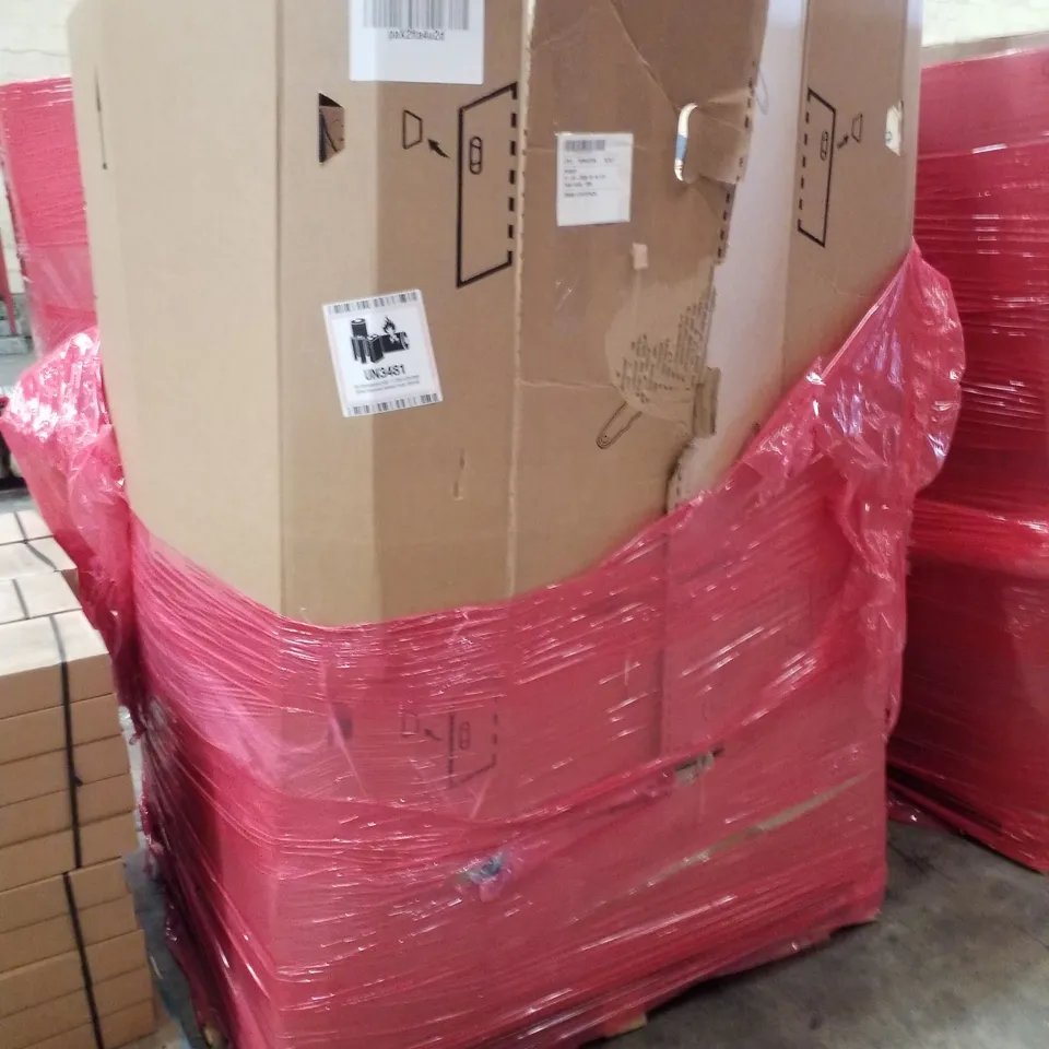 PALLET CONTAINING ASSORTED PRODUCTS INCLUDING PATIO UMBRELLA, CHRISTMAS DOG FIGURE, BOOSTER SEAT/BACKPACK, LED MONITOR & WRAPPED DECO PAINTING 